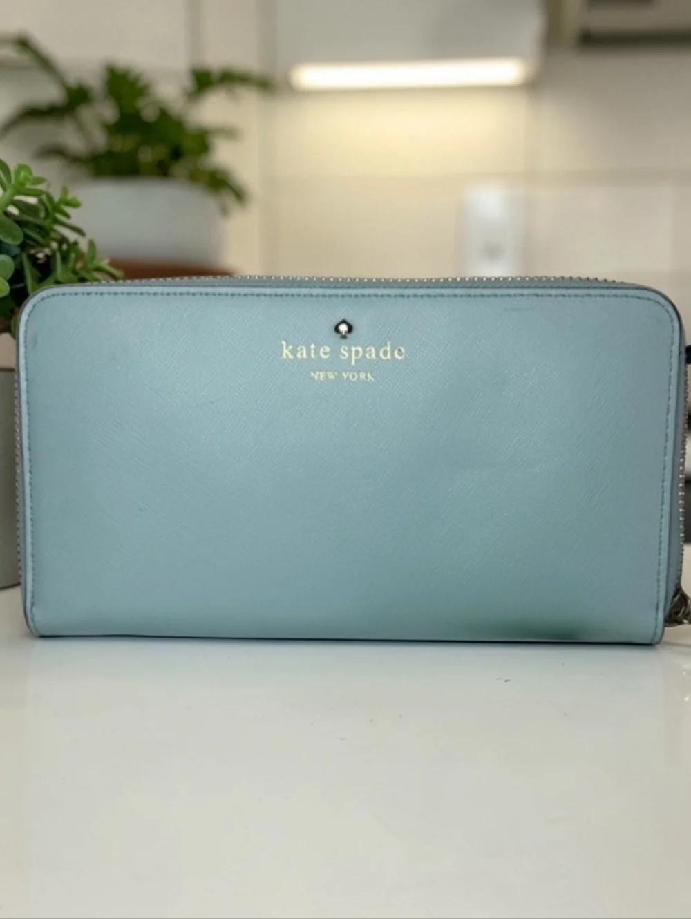 Kate Spade Cedar Street Lacey Light Blue Saffiano Leather Zip Wallet NWT